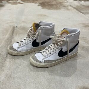 White Nike Blazers High-Top Sneakers with Black Swoosh